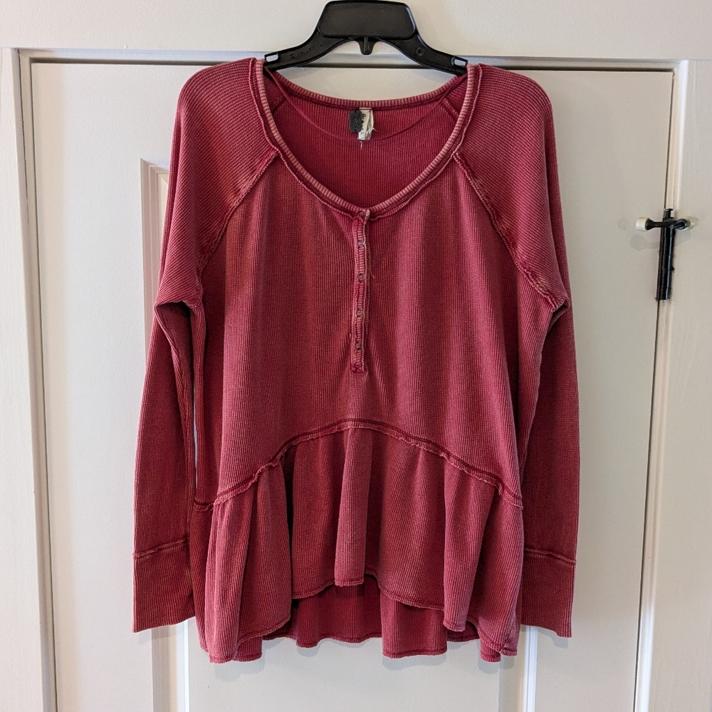 Free People We the Free Red Coastline Thermal Waffle Knit Top, Size S